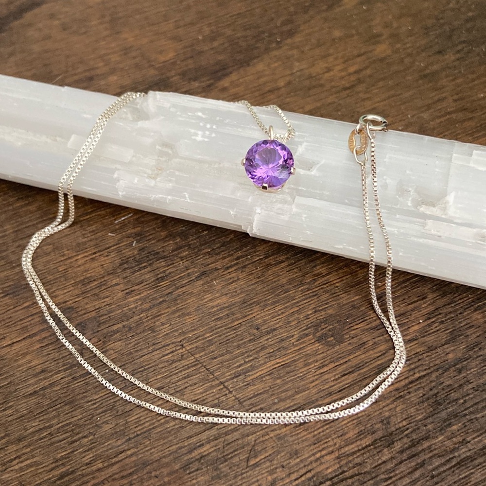 Amethyst/Pink Colored Glass Pendant on Sterling Silver Chain